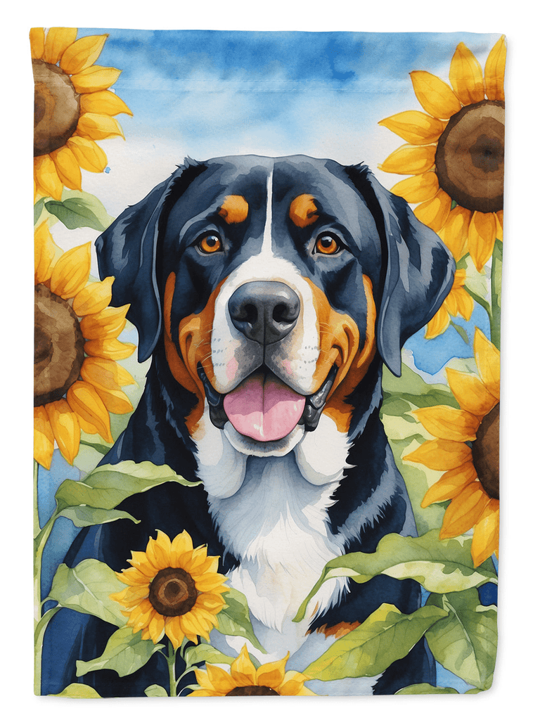Glamorous Pups : Greater Swiss Mountain Dog in Sunflowers Garden Flag