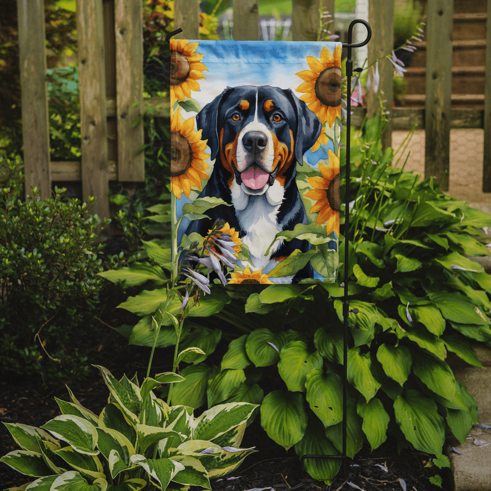 Glamorous Pups : Greater Swiss Mountain Dog in Sunflowers Garden Flag