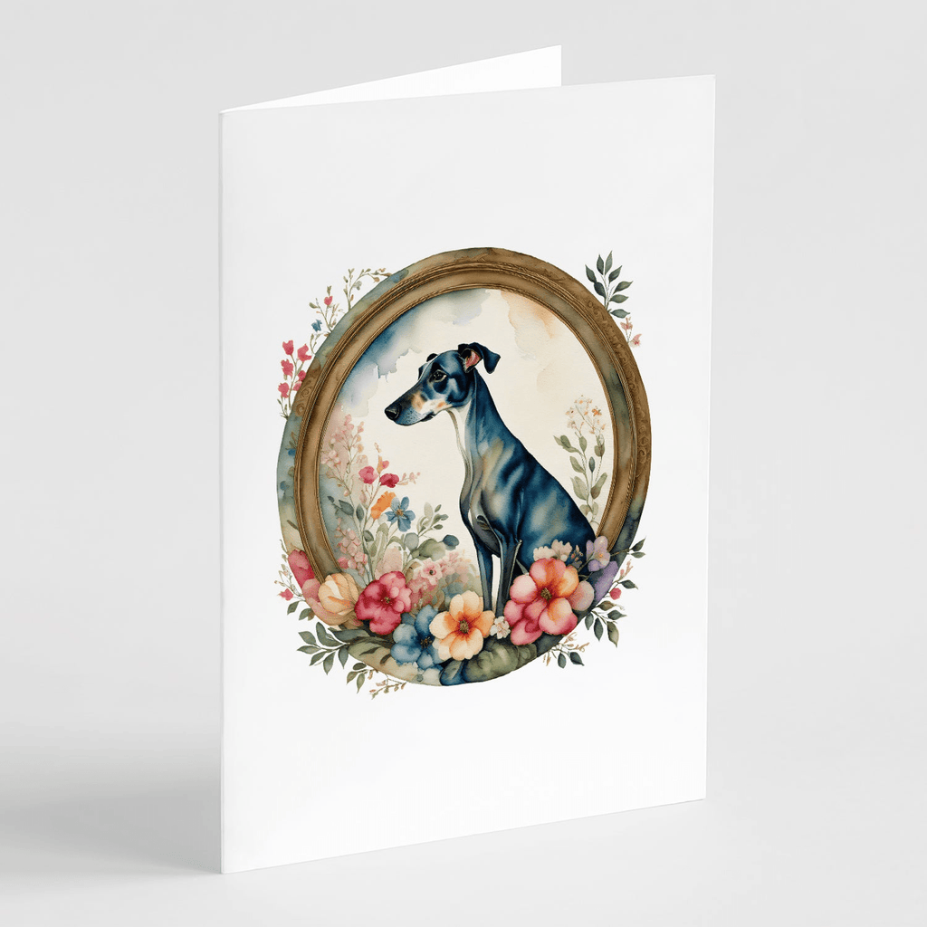 Glamorous Pups : Greyhound and Flowers Greeting Cards Pack of 8