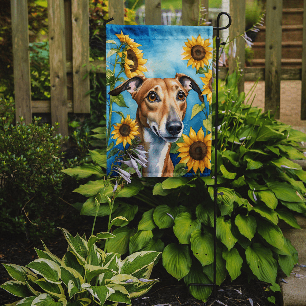 Glamorous Pups : Greyhound in Sunflowers Garden Flag