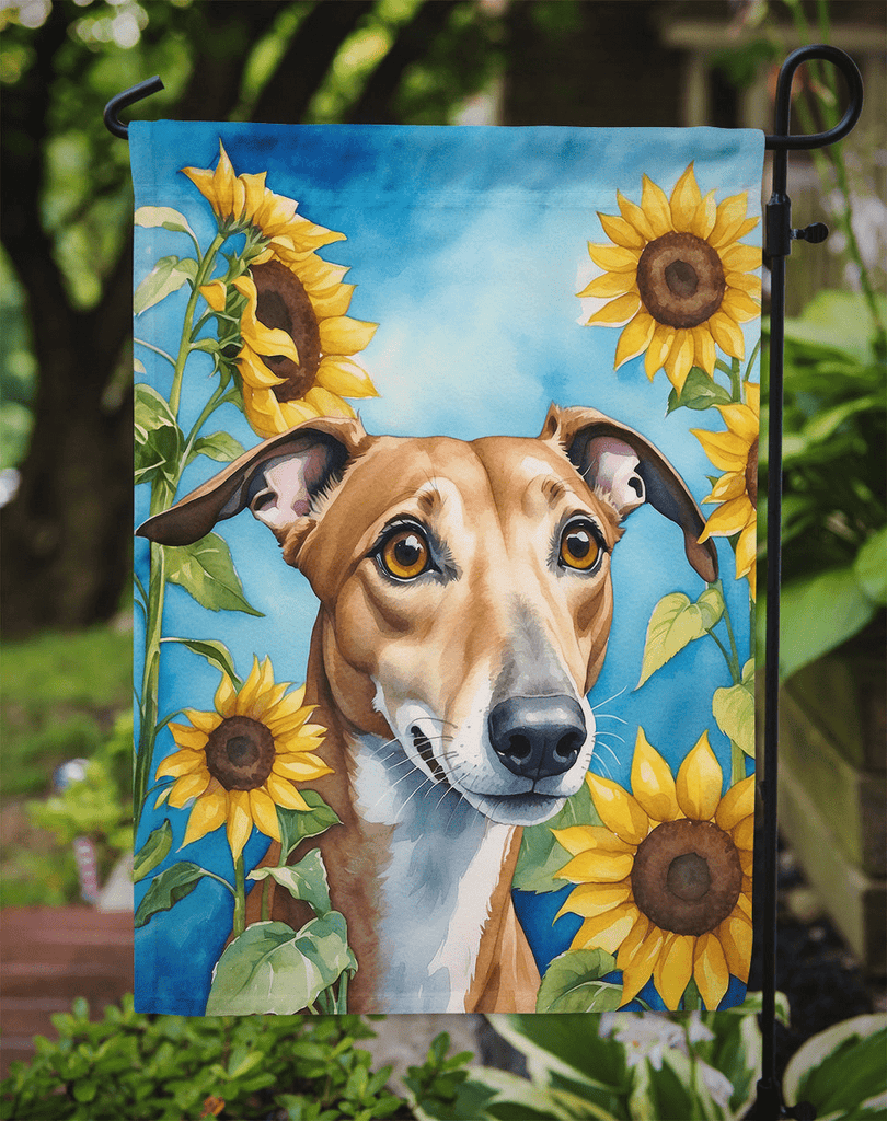 Glamorous Pups : Greyhound in Sunflowers Garden Flag