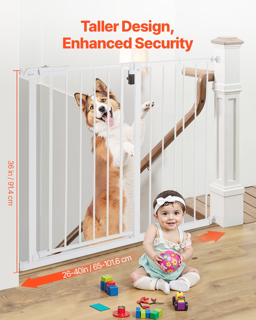 Glamorous Pups : GuardianStep Adjustable Baby & Pet Safety Gate – 26"–40" Wide Pressure-Mounted Walk-Through Barrier (White, 36" High)