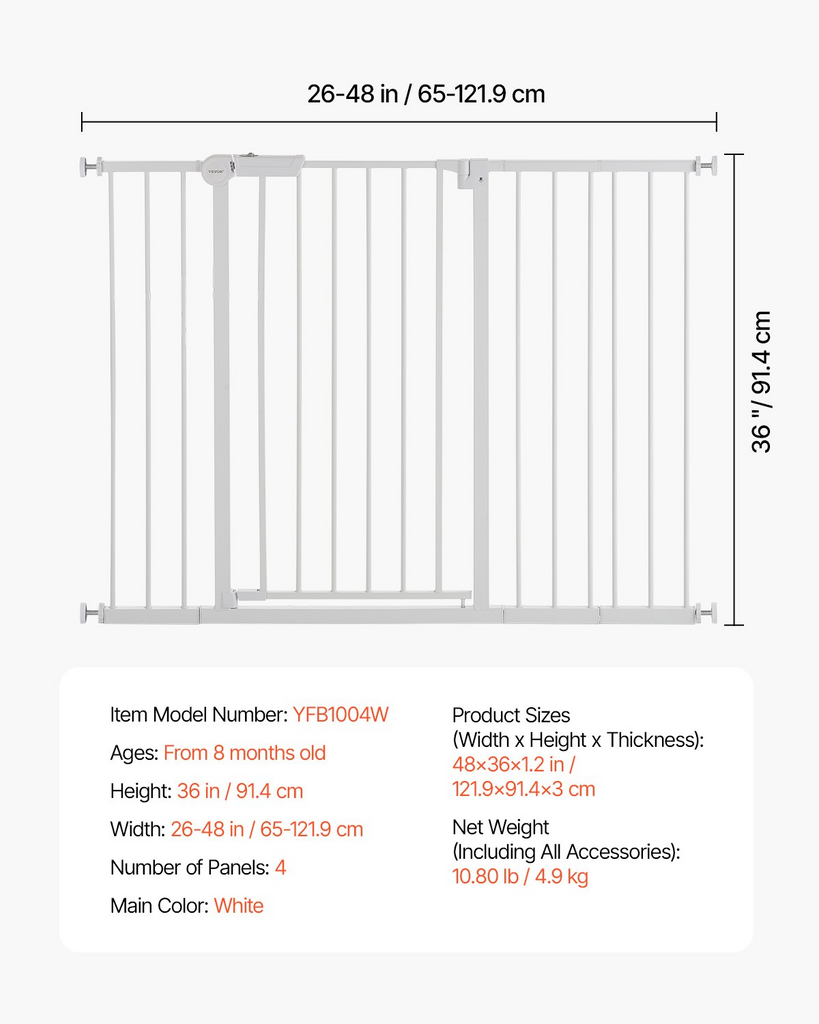 Glamorous Pups : GuardianStep Extra-Tall Adjustable Baby & Pet Gate – 26"–48" Wide Pressure-Mounted Walk-Through Barrier (White, 36" High)