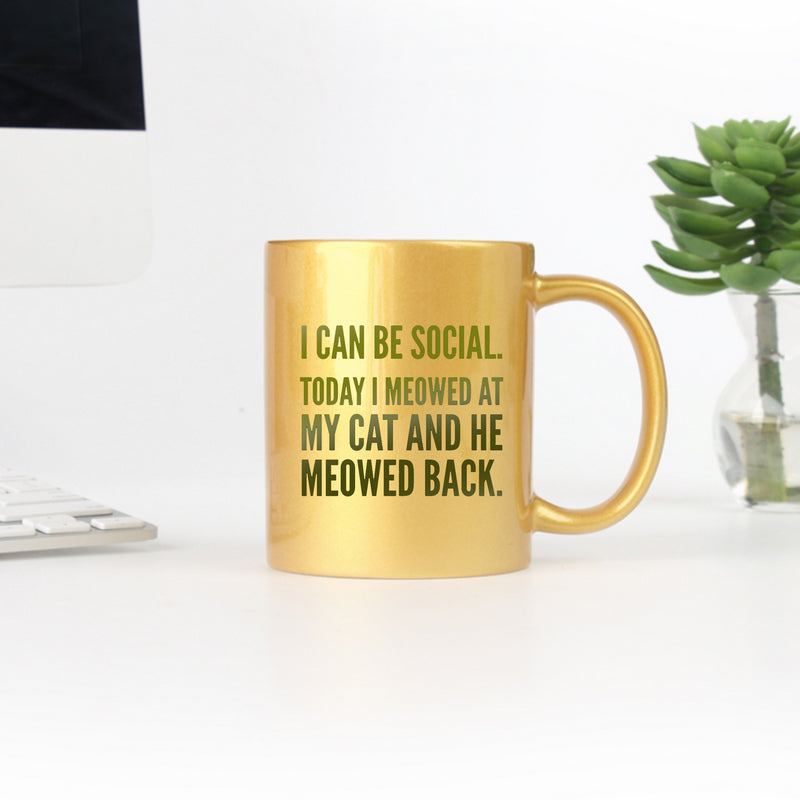 Glamorous Pups : I Can Be Social Today I Meowed At My Cat And He Meowed Back Gold & Silver Mug