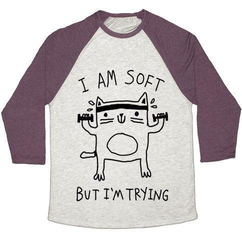 Glamorous Pups : I'M SOFT BUT I'M TRYING GYM CAT UNISEX TRI-BLEND BASEBALL TEE
