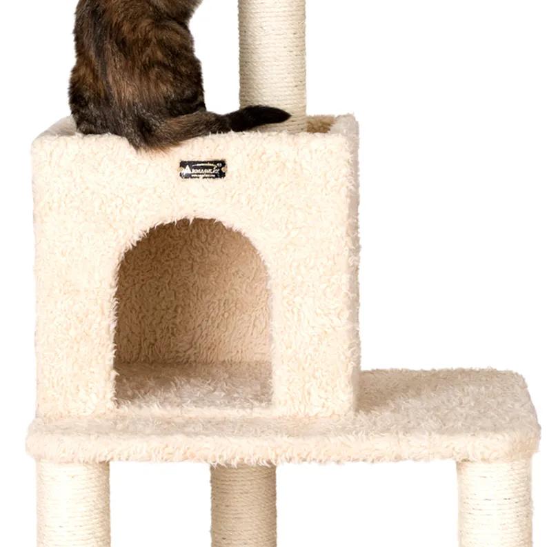 Close-up of the Armarkat 69" Cat Tower Real Wood Cat Condo House featuring a plush, ivory-covered condo space with durable sisal-wrapped posts. The cozy enclosed area offers a perfect spot for cats to hide or relax while providing easy access to higher perches for play and lounging. Ideal for active felines, this cat tower combines comfort and functionality for all-day entertainment.