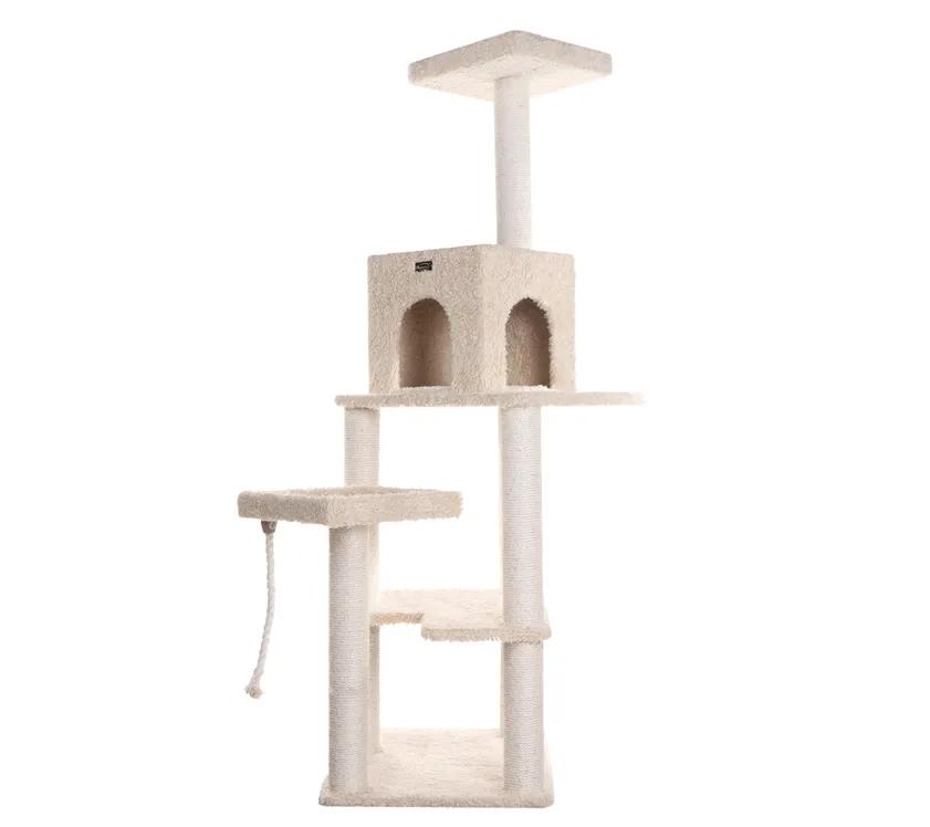 Armarkat Cat Tower 69" Real Wood Cat Condo House is designed for playful felines, featuring multiple levels, scratch posts wrapped in durable sisal rope, and a cozy enclosed condo. The soft ivory plush covering ensures comfort while the sturdy construction offers stability. This luxurious cat tower is perfect for active cats to climb, scratch, and relax. Available at Glamorous Pups.