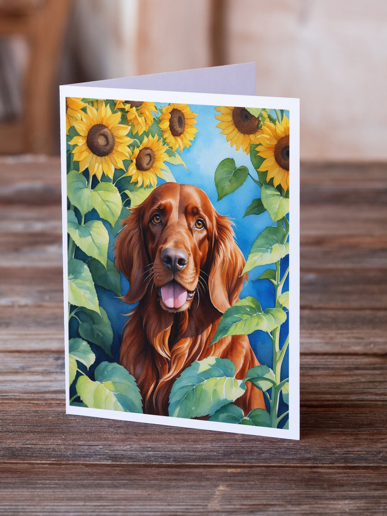 Glamorous Pups : Irish Setter in Sunflowers Greeting Cards Pack of 8