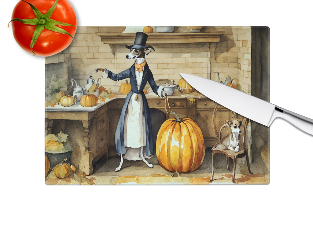 Glamorous Pups : Italian Greyhound Fall Kitchen Pumpkins Glass Cutting Board