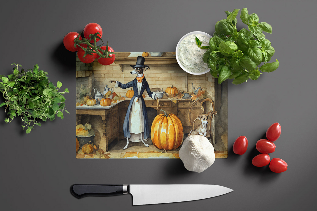 Glamorous Pups : Italian Greyhound Fall Kitchen Pumpkins Glass Cutting Board
