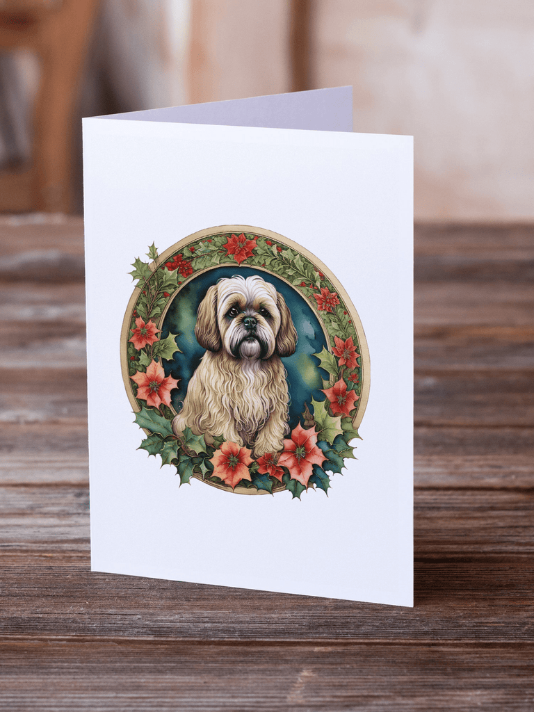 Glamorous Pups : Lhasa Apso Christmas Flowers Greeting Cards Pack of 8