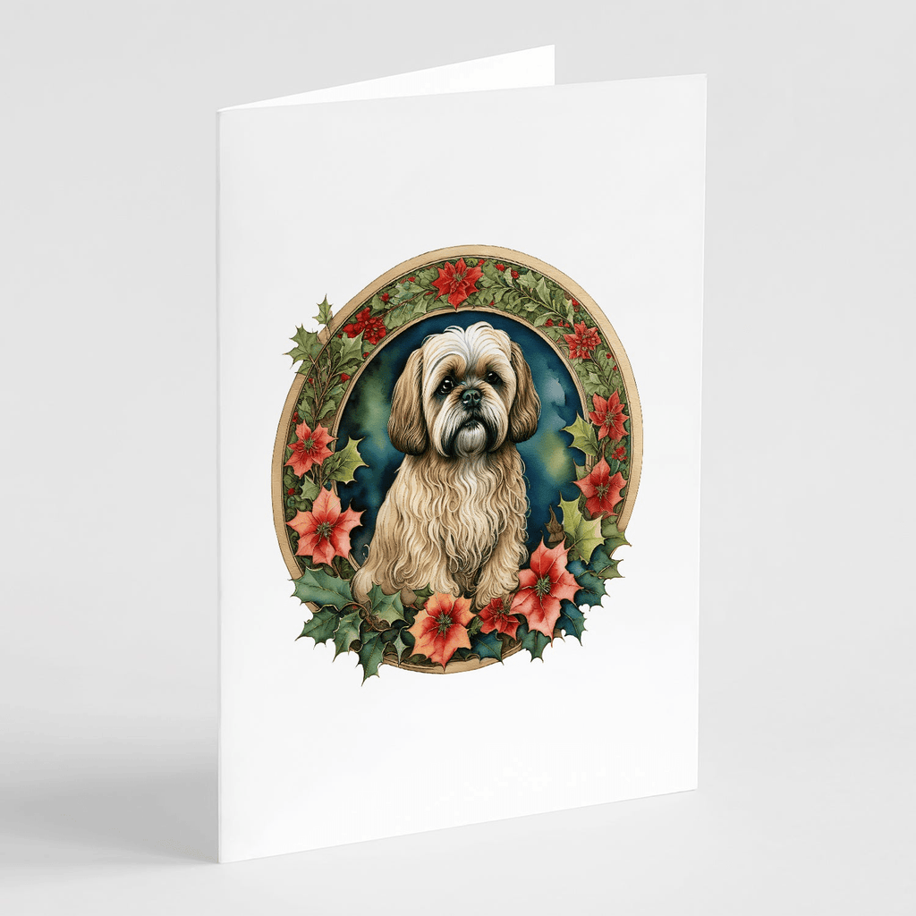 Glamorous Pups : Lhasa Apso Christmas Flowers Greeting Cards Pack of 8