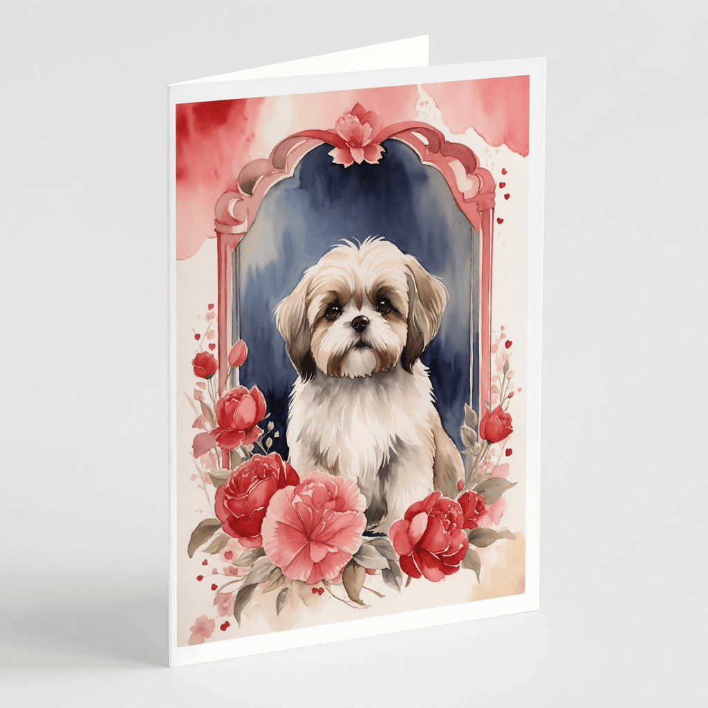 Glamorous Pups : Lhasa Apso Valentine Roses Greeting Cards Pack of 8