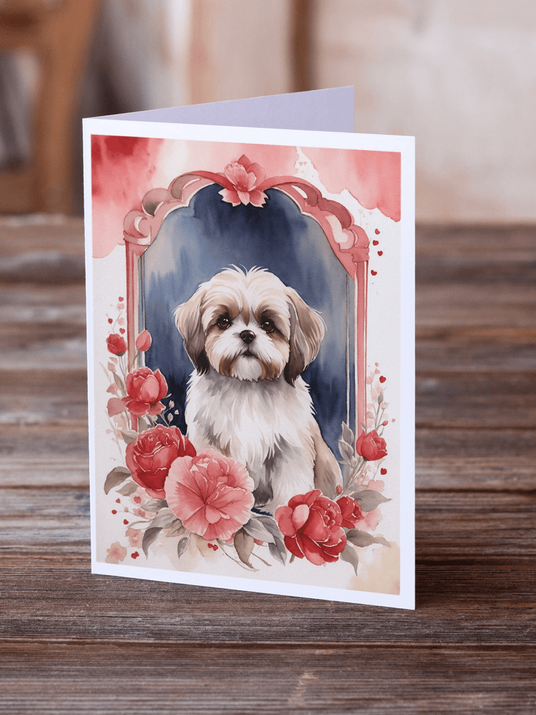 Glamorous Pups : Lhasa Apso Valentine Roses Greeting Cards Pack of 8