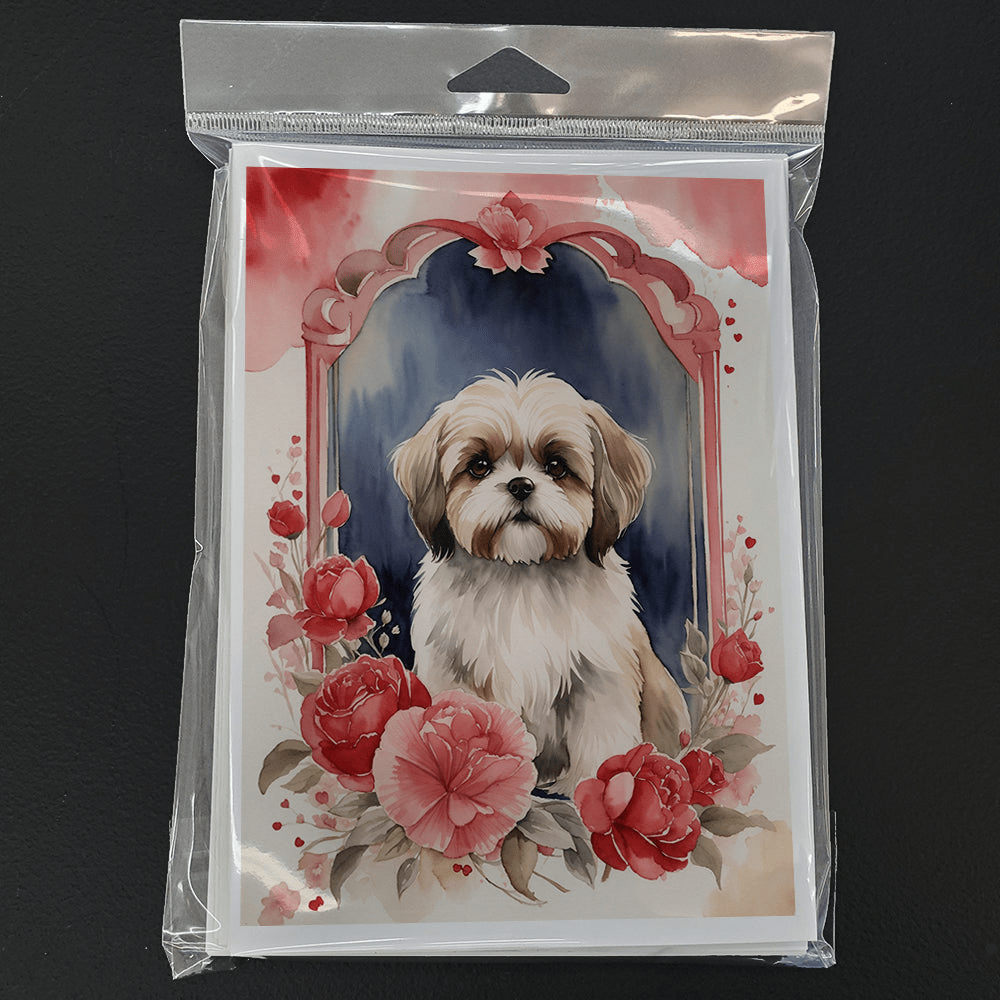 Glamorous Pups : Lhasa Apso Valentine Roses Greeting Cards Pack of 8