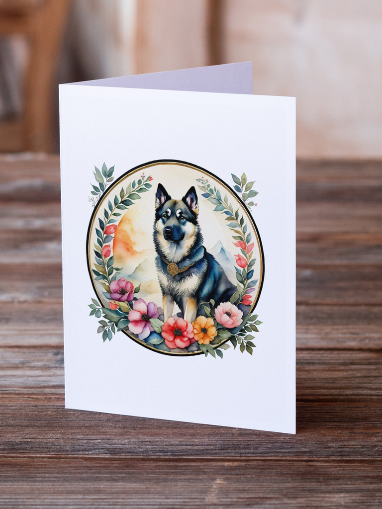 Glamorous Pups : Norwegian Elkhound and Flowers Greeting Cards Pack of 8