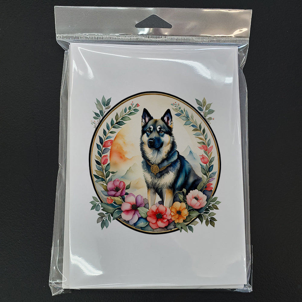 Glamorous Pups : Norwegian Elkhound and Flowers Greeting Cards Pack of 8