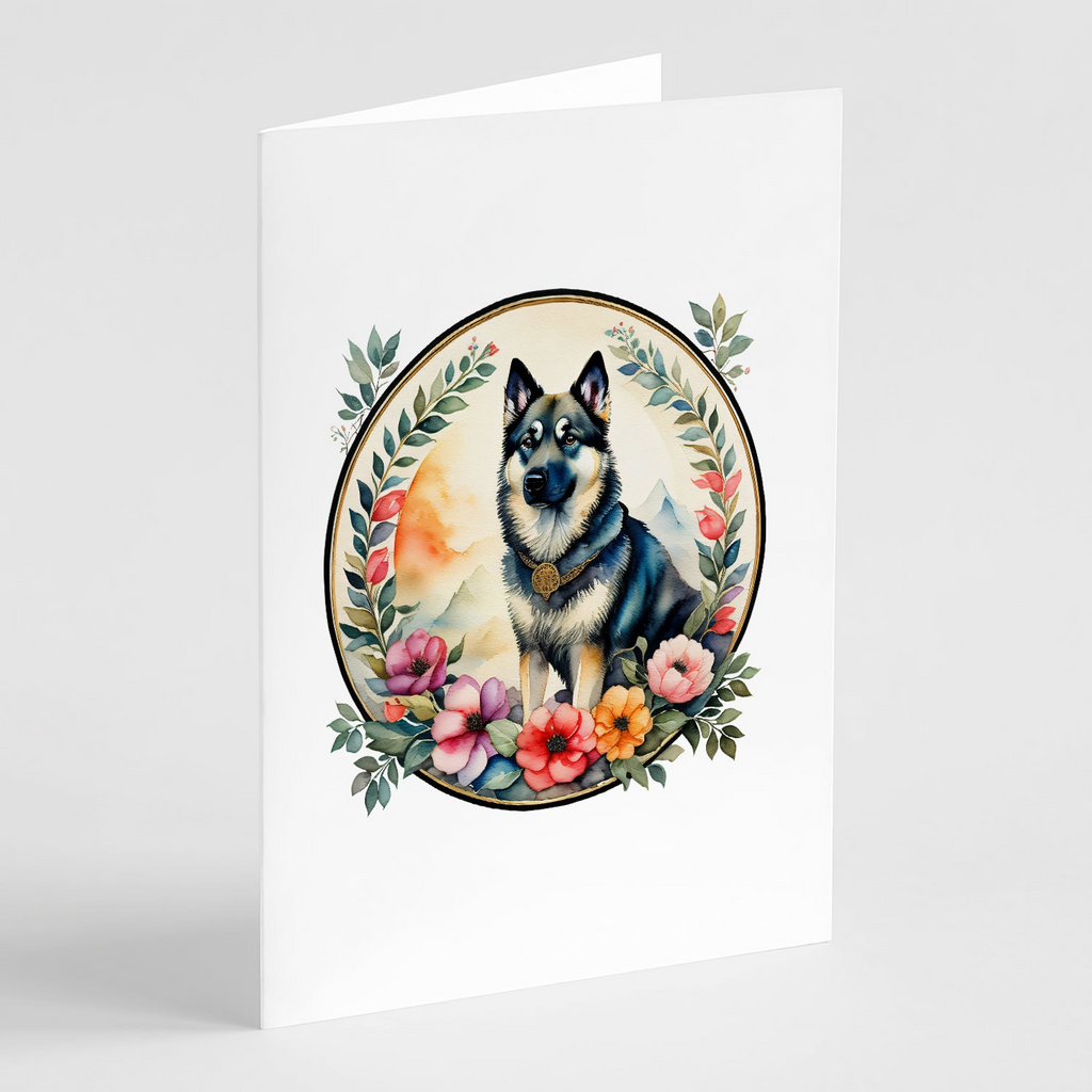 Glamorous Pups : Norwegian Elkhound and Flowers Greeting Cards Pack of 8