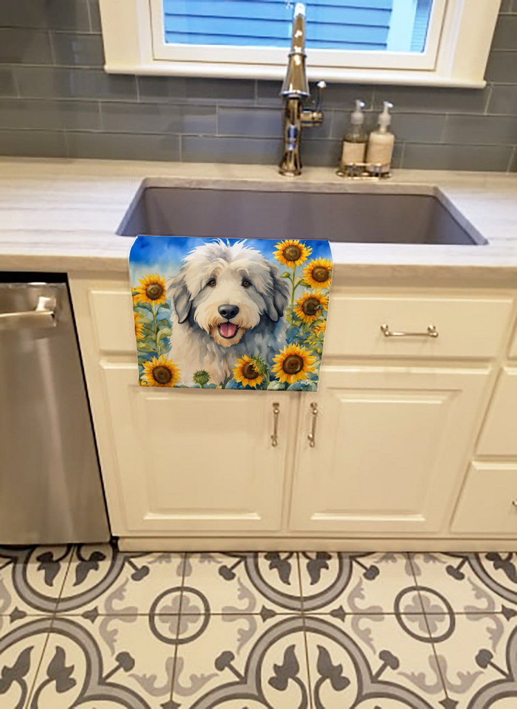Glamorous Pups : Old English Sheepdog in Sunflowers Kitchen Towel