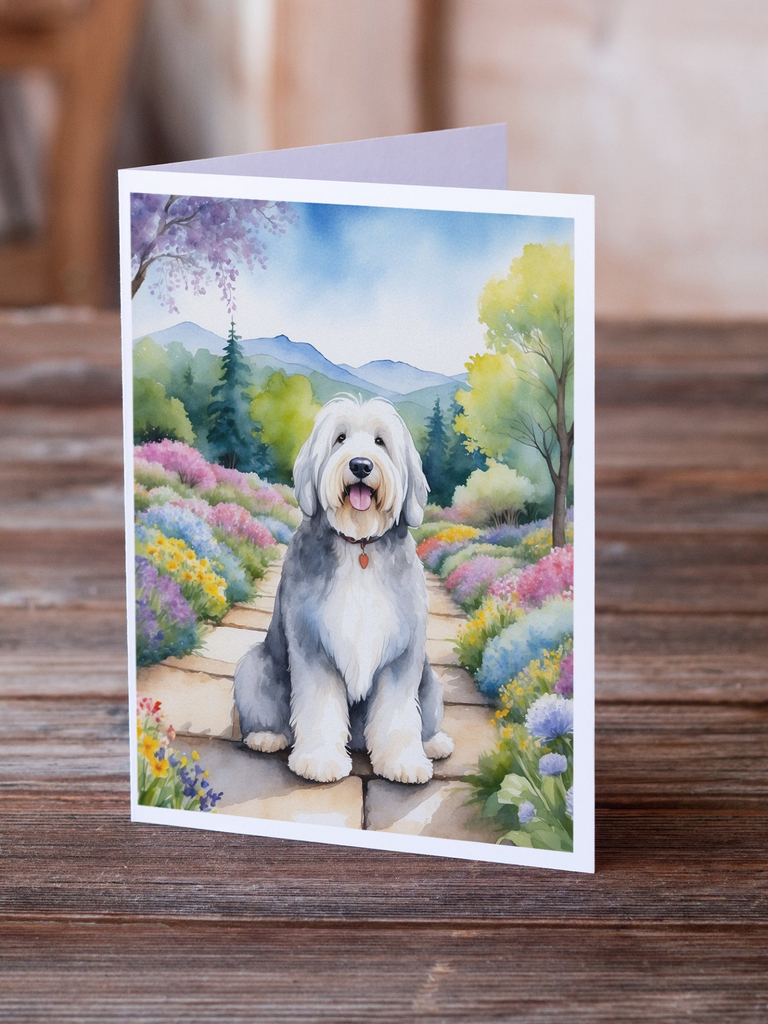 Glamorous Pups : Old English Sheepdog Spring Path Greeting Cards Pack of 8