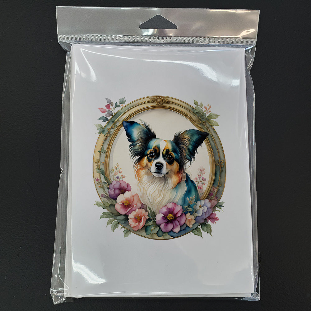 Glamorous Pups : Papillon and Flowers Greeting Cards Pack of 8