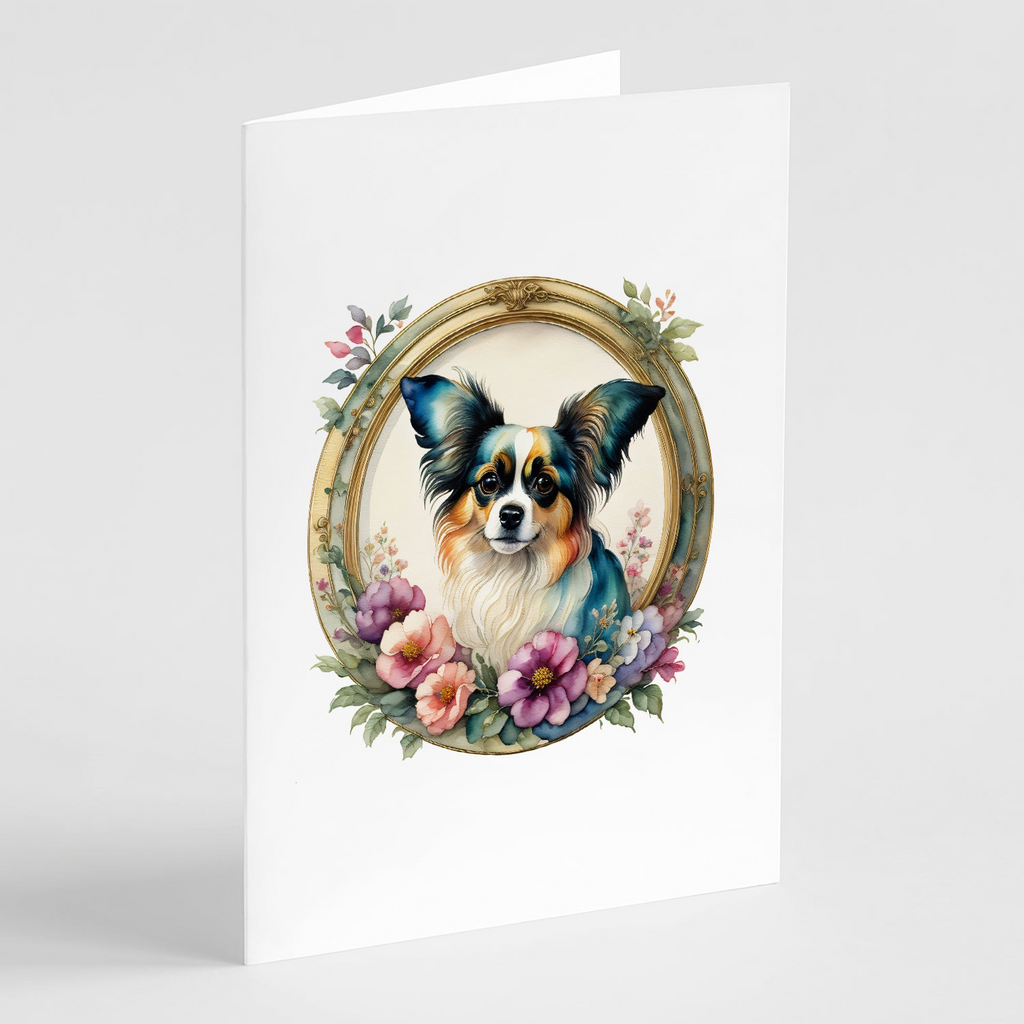 Glamorous Pups : Papillon and Flowers Greeting Cards Pack of 8