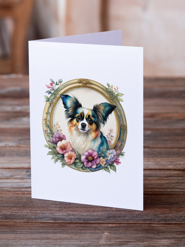Glamorous Pups : Papillon and Flowers Greeting Cards Pack of 8