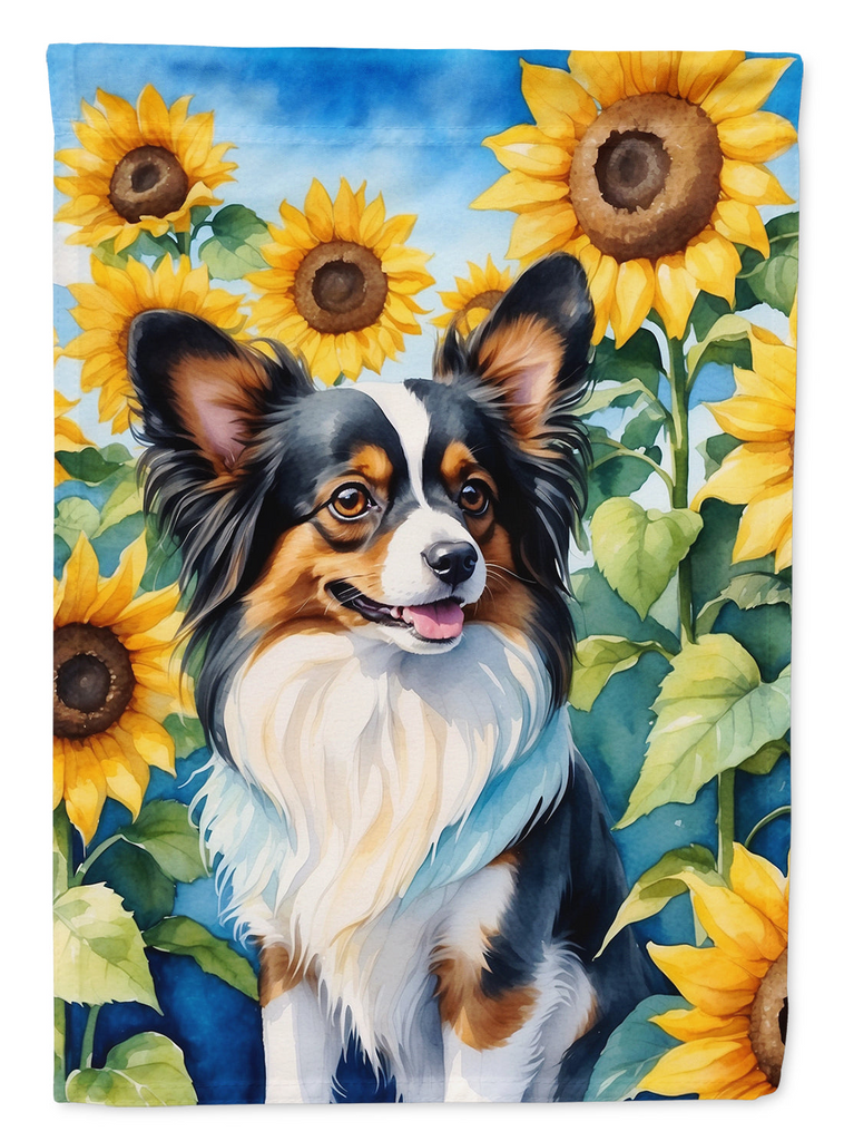 Glamorous Pups : Papillon in Sunflowers Garden Flag