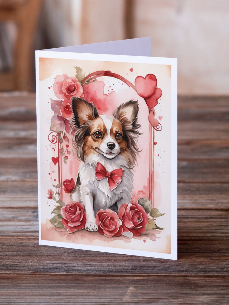 Glamorous Pups : Papillon Valentine Roses Greeting Cards Pack of 8