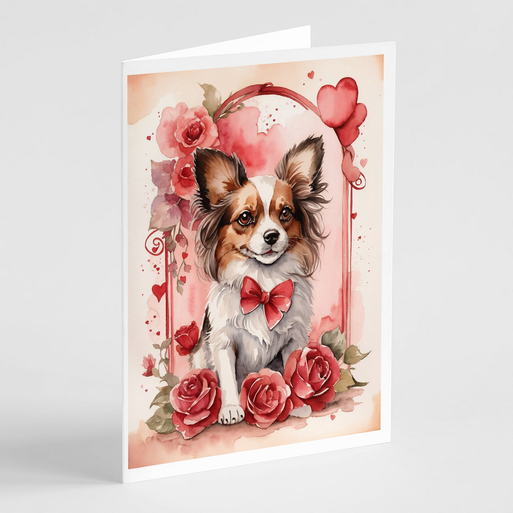 Glamorous Pups : Papillon Valentine Roses Greeting Cards Pack of 8