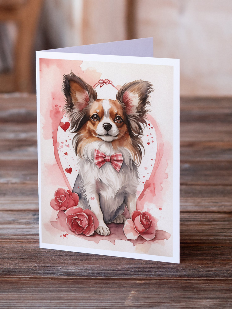 Glamorous Pups : Papillon Valentine Roses Greeting Cards Pack of 8