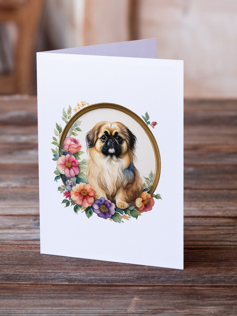 Glamorous Pups : Pekingese and Flowers Greeting Cards Pack of 8