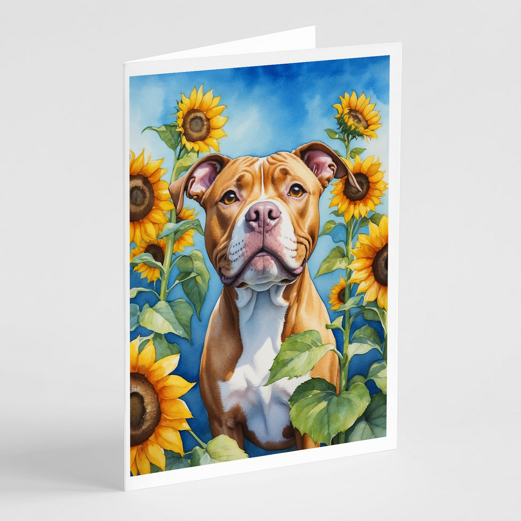 Glamorous Pups : Pit Bull Terrier in Sunflowers Greeting Cards Pack of 8
