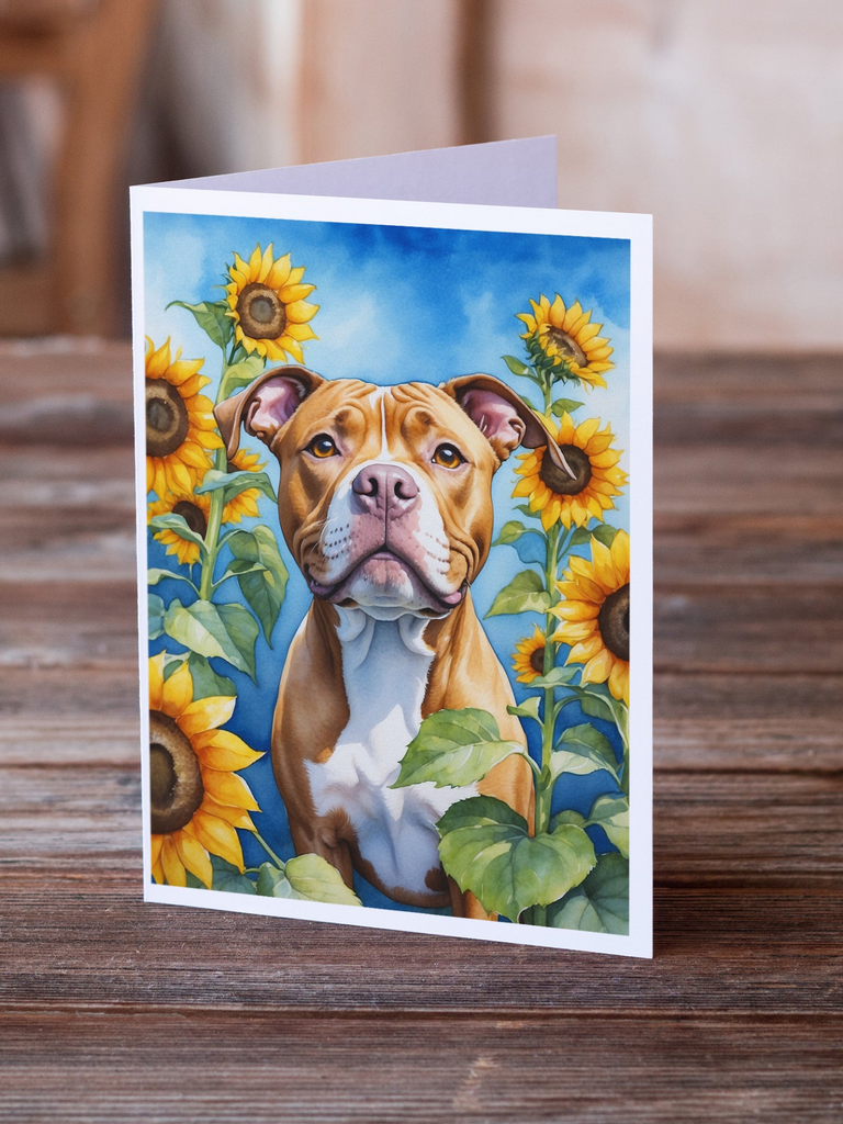 Glamorous Pups : Pit Bull Terrier in Sunflowers Greeting Cards Pack of 8