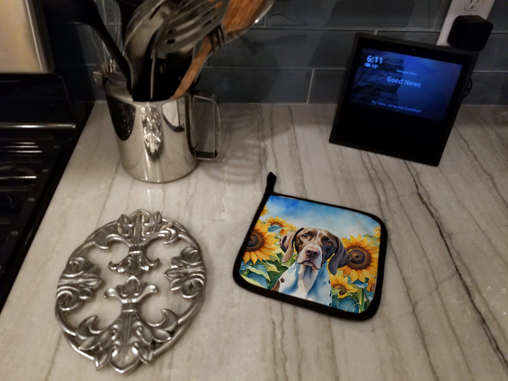 Glamorous Pups : Pointer in Sunflowers Pair of Pot Holders