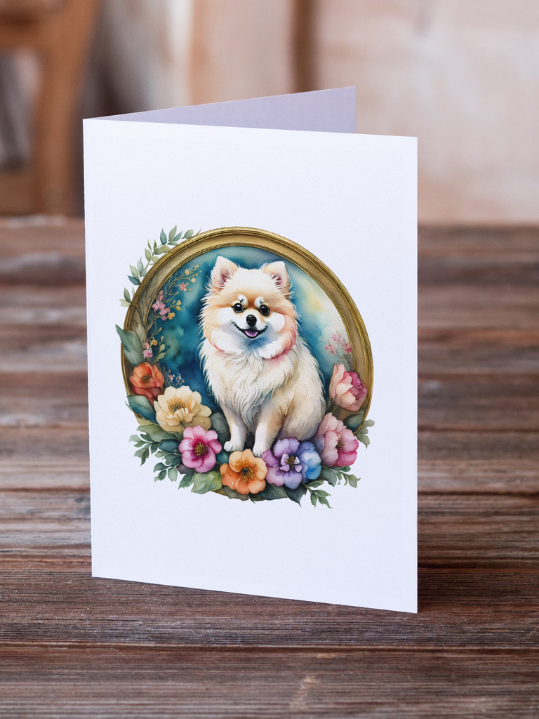 Glamorous Pups : Pomeranian and Flowers Greeting Cards Pack of 8