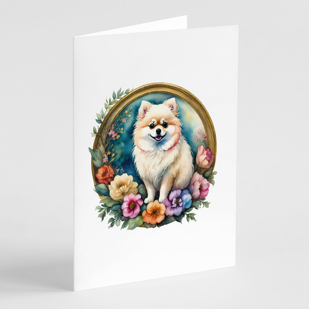Glamorous Pups : Pomeranian and Flowers Greeting Cards Pack of 8