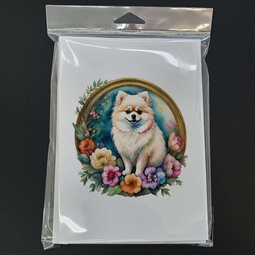 Glamorous Pups : Pomeranian and Flowers Greeting Cards Pack of 8