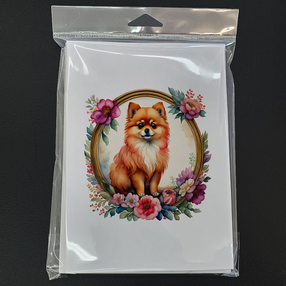 Glamorous Pups : Pomeranian and Flowers Greeting Cards Pack of 8