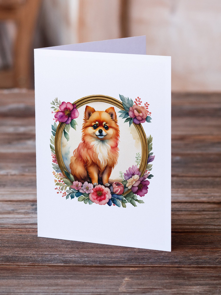 Glamorous Pups : Pomeranian and Flowers Greeting Cards Pack of 8