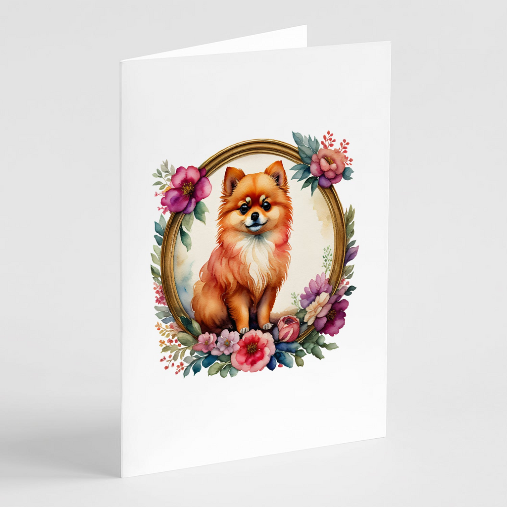 Glamorous Pups : Pomeranian and Flowers Greeting Cards Pack of 8