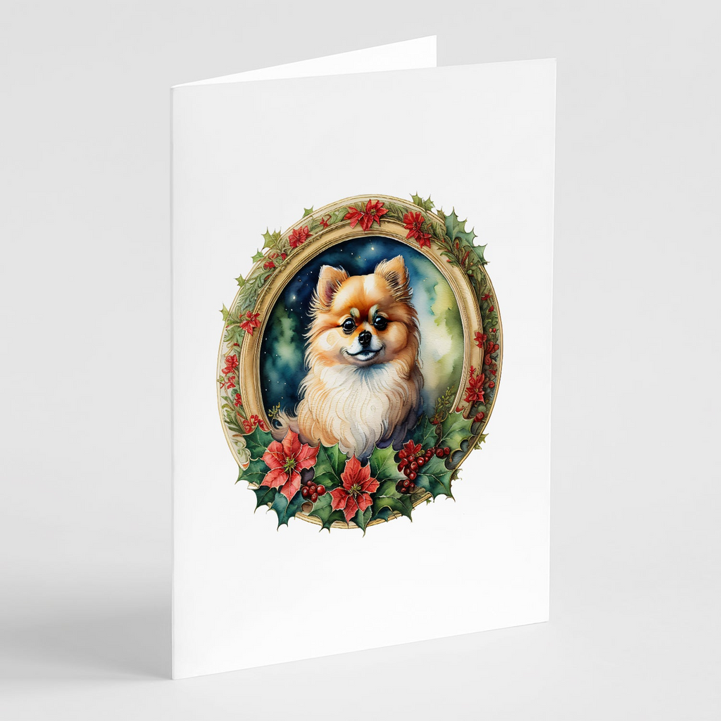 Glamorous Pups : Pomeranian Christmas Flowers Greeting Cards Pack of 8