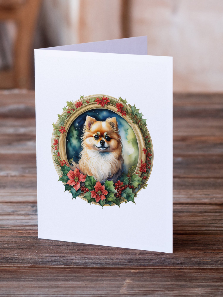 Glamorous Pups : Pomeranian Christmas Flowers Greeting Cards Pack of 8