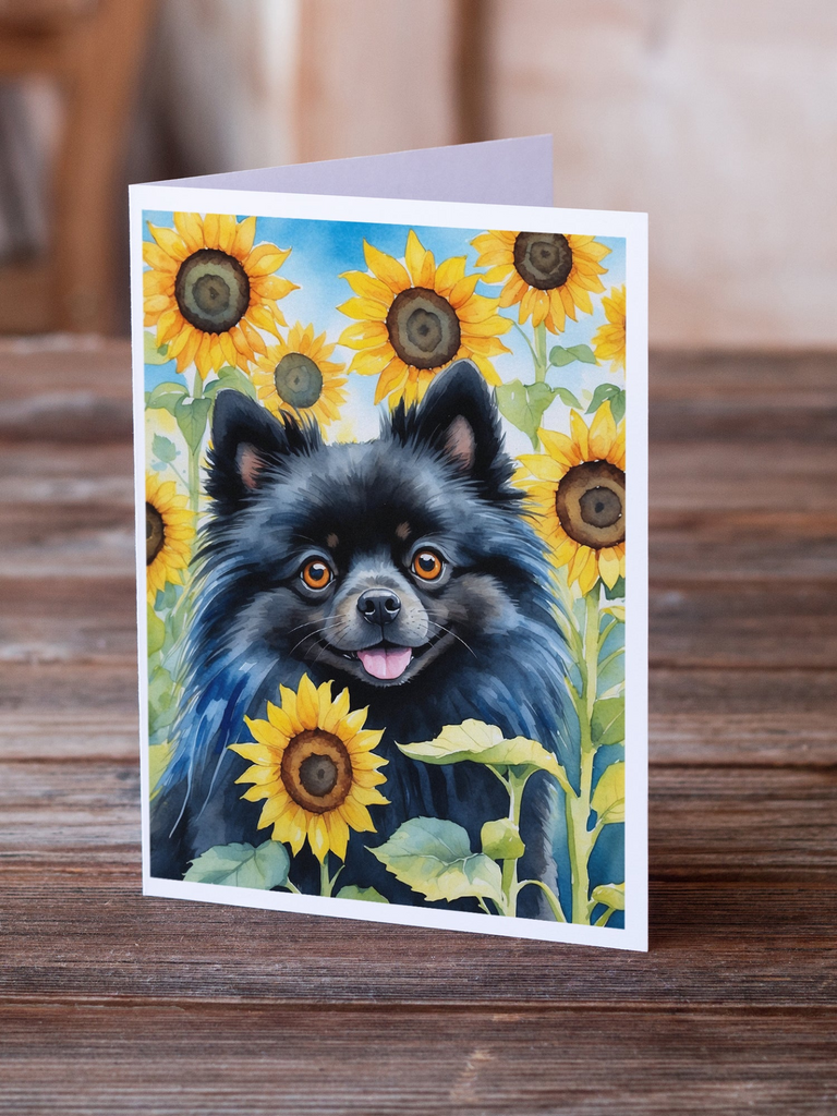 Glamorous Pups : Pomeranian in Sunflowers Greeting Cards Pack of 8