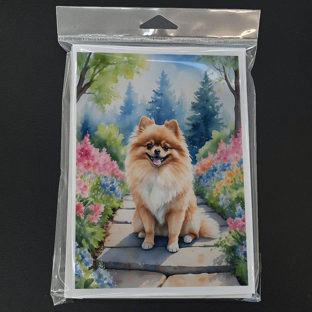 Glamorous Pups : Pomeranian Spring Path Greeting Cards Pack of 8