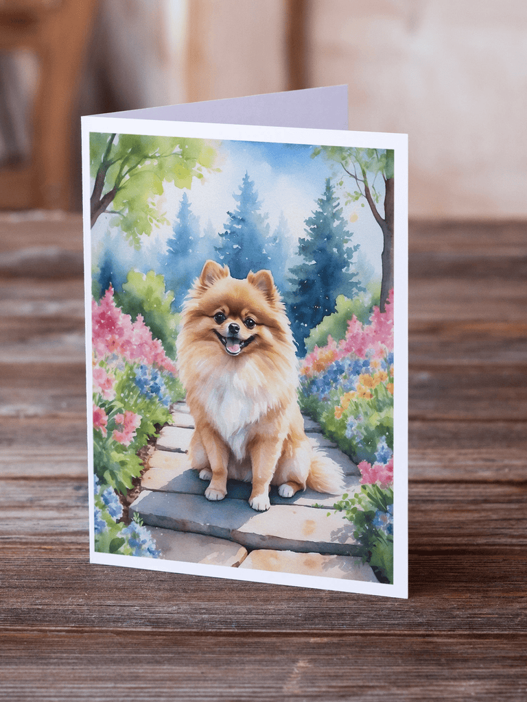 Glamorous Pups : Pomeranian Spring Path Greeting Cards Pack of 8