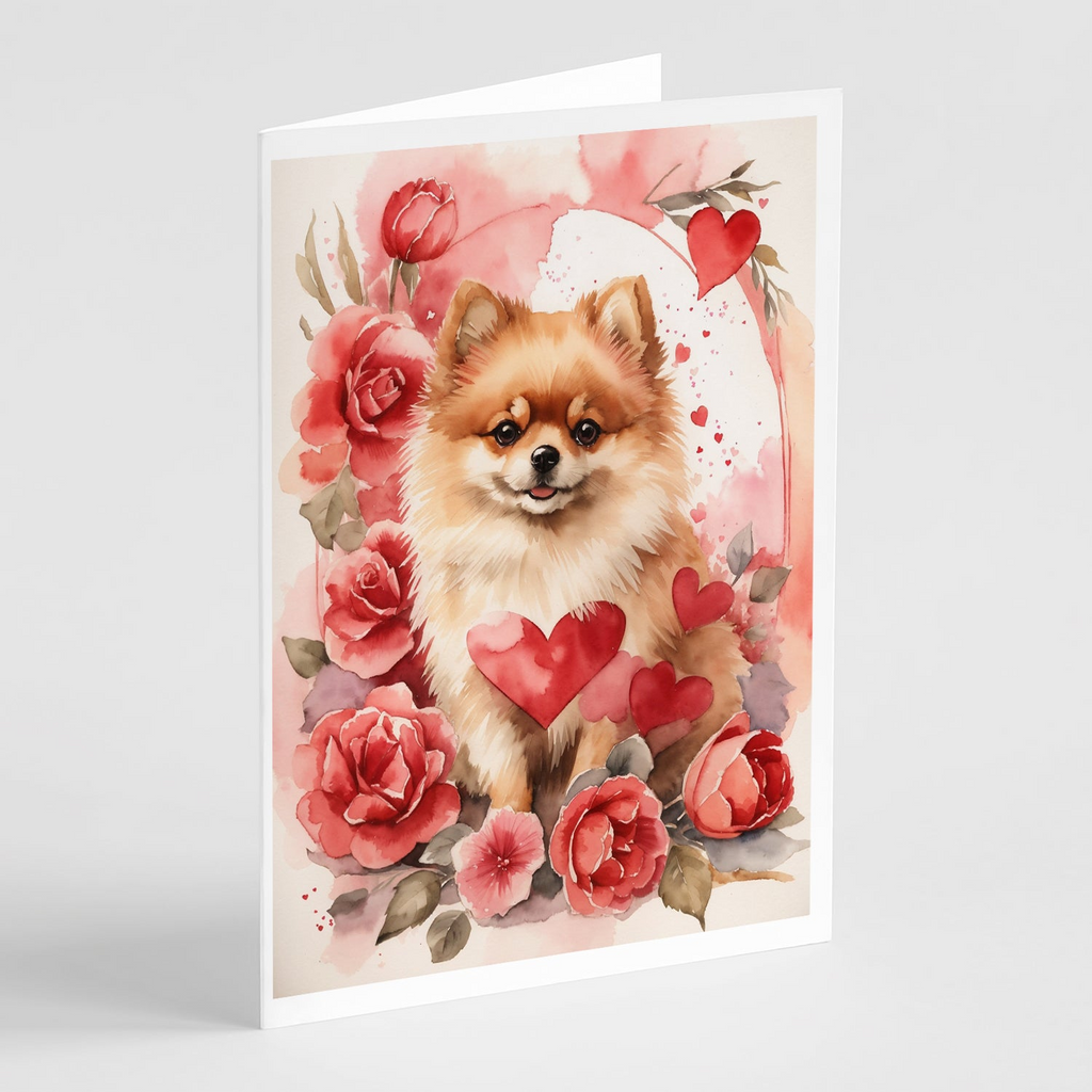 Glamorous Pups : Pomeranian Valentine Roses Greeting Cards Pack of 8