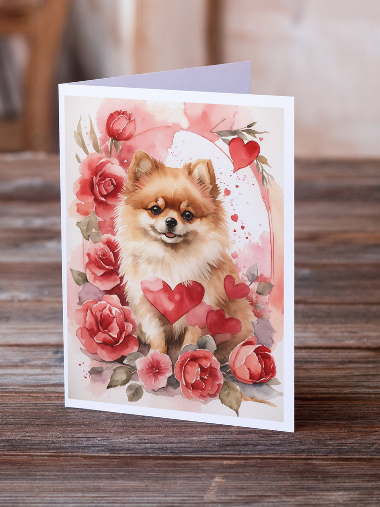 Glamorous Pups : Pomeranian Valentine Roses Greeting Cards Pack of 8