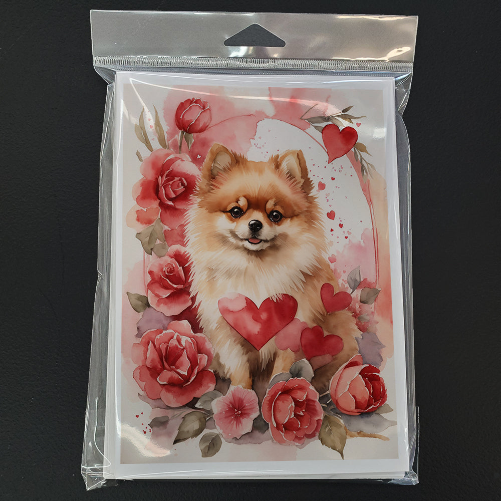 Glamorous Pups : Pomeranian Valentine Roses Greeting Cards Pack of 8