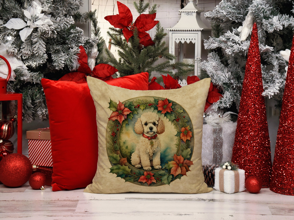 Glamorous Pups : Poodle Christmas Flowers Throw Pillow